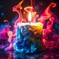 a brightly colored candle in a candle holder that is burning Royalty Free Stock Photo