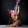 Brightly colored champagne glasses and bottles with colored water splashing out of the glasses. Royalty Free Stock Photo