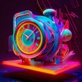 A brightly colored clock sitting on top of a table. AI generative image Royalty Free Stock Photo