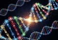 Brightly colored, computer-generated DNA strands intertwine against a Royalty Free Stock Photo