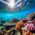 brightly colored coral formations with reef inhabitants amidst the corals, during early afternoon with clear, sunny conditions.