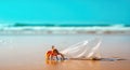 A brightly colored crab on the seashore drags a plastic bag behind it. The photograph highlights the problem of plastic pollution Royalty Free Stock Photo