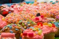 Brightly colored cupcakes at a kids party