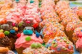 Brightly colored cupcakes at a kids party