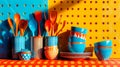 Colorful kitchen utensils displayed on a vibrant polka dot tablecloth Royalty Free Stock Photo