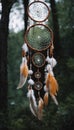 a brightly colored dreamcatcher with light-colored feathers in the woods.