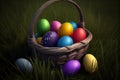 Brightly colored Easter eggs in a basket on grass. Easter theme Royalty Free Stock Photo