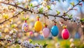 Colorful Easter eggs hang on flowering branches during spring\'s vibrant celebration of renewal and joy. Generative AI Royalty Free Stock Photo