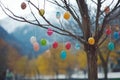 Brightly colored Easter eggs hang from branches in Swiss trees Royalty Free Stock Photo