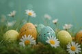 the brightly colored eggs, easter grass, pecking order and white flowers are placed on a green background Royalty Free Stock Photo