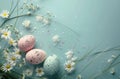 the brightly colored eggs, easter grass, pecking order and white flowers are placed on a green background Royalty Free Stock Photo