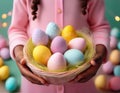 Colorful spring eggs in a basket Royalty Free Stock Photo