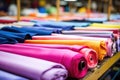 brightly colored fabric pieces on an assembly line