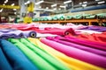 brightly colored fabric pieces on an assembly line