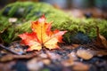 brightly colored, fallen red maple leaf on forest floor Royalty Free Stock Photo