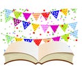 Brightly colored flags and open book