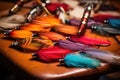 brightly colored fly fishing lures on a leather patch Royalty Free Stock Photo