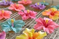 brightly colored fondant hibiscus on a cooling rack
