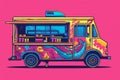 A brightly colored food truck stands out against a vivid pink background, attracting attention with its lively appearance, Pop-art