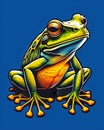 A brightly colored frog on a dark blue background, psychedelic frog. Beautiful picture of Frog.