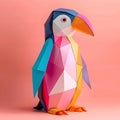 Generative AI. Vibrant, Multicolored Origami Penguin Standing Against a Soft Pink Background
