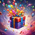 Brightly colored gift box unveiling a vibrant explosion of rainbow-colored confetti and balloons