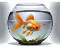 A brightly colored goldfish swims in a round aquarium, its fins fluttering among bubbles and aquatic plants