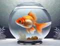 A brightly colored goldfish swims in a round aquarium, its fins fluttering among bubbles and aquatic plants