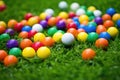 brightly colored golf balls scattered on green turf