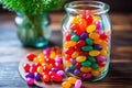 brightly colored jelly beans in a tall glass jar Royalty Free Stock Photo