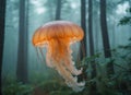 A brightly colored jellyfish flies in the twilight forest Royalty Free Stock Photo