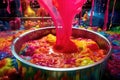 brightly colored liquid candy being stirred in large vat