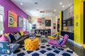 A brightly colored living room featuring colorful furniture and bold graphic patterns, Infuse your design with bold colors and