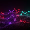 Brightly colored nodes connected by lines form abstract networks over a dark, wave