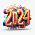 Brightly colored number 2024 reflecting the new year on white background.
