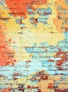 Orange yellow and aqua turquoise paint splatter on brick wall background texture template Royalty Free Stock Photo