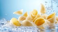 Brightly colored pasta shells float separately clear water showcasing their unique shapes and textures while creating Royalty Free Stock Photo