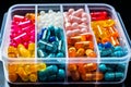 Brightly colored pills arranged in a plastic box, pharmaceutical healthcare background.