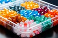 Brightly colored pills arranged in a plastic box, pharmaceutical healthcare background.