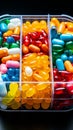 Brightly colored pills arranged in a plastic box, pharmaceutical healthcare background.