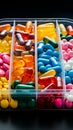 Brightly colored pills arranged in a plastic box, pharmaceutical healthcare background.