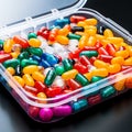 Brightly colored pills arranged in a plastic box, pharmaceutical healthcare background.