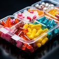 Brightly colored pills arranged in a plastic box, pharmaceutical healthcare background.