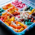 Brightly colored pills arranged in a plastic box, pharmaceutical healthcare background.