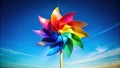 Brightly colored pinwheel spinning in a vibrant blue sky with wispy clouds. Generative AI Royalty Free Stock Photo