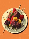 A brightly colored plate of beef and vegetable kebabs cooked to a delicious char.. AI generation