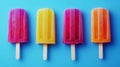 Brightly colored popsicles sit in a row on a blue backdrop, each featuring distinct fruity flavors, perfect for Royalty Free Stock Photo