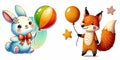 Brightly colored rabbit and fox characters celebrating with balloons at a cheerful gathering Royalty Free Stock Photo