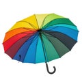 A brightly colored rainbow umbrella with a black handle, presented on a white background, generated by ai isolated on white Royalty Free Stock Photo