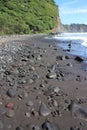 Brightly colored rocks strewn along a black sand beach ending in a cliff covered in lush vegetation in Hawaii